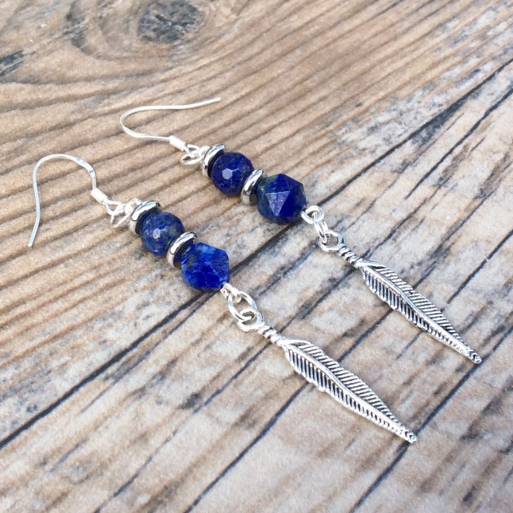 Boho Feather Earrings With Lapis Lazuli